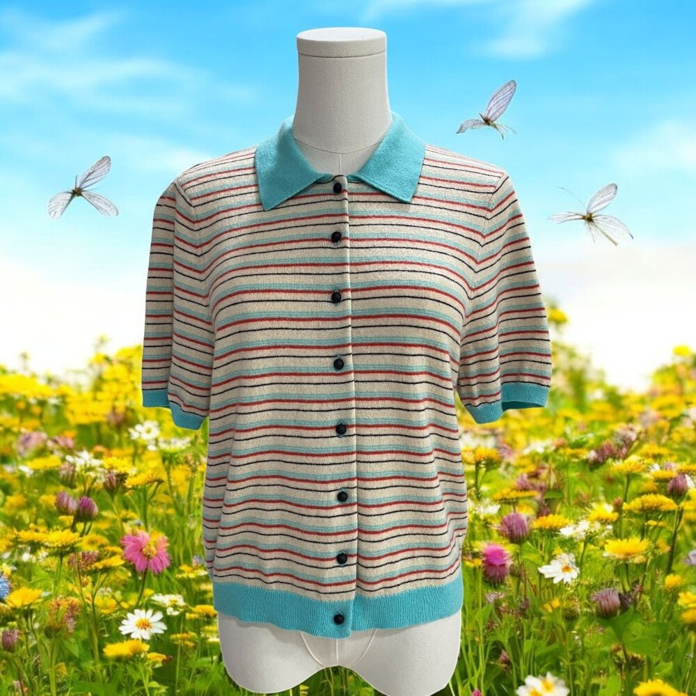Levis Striped Knit Polo Cardigan Women XL Retro Soft Girl Summer Cottagecore Top